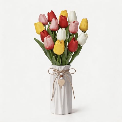 Artificial Tulip Flower Arrangement in Ceramic Vase with Rustic Heart Charm, 15 PCS PU Real Touch Faux Floral Table Centerpiece for Home, Dining Table, Wedding Décor, White Yellow Pink and Red - color: 4 Color Mixed 1
