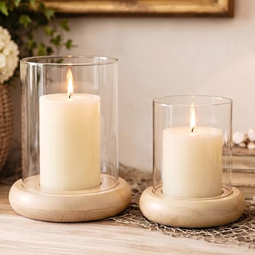 Set of 2 Hurricane Glass Candle Holders with Natural Brown Wood Base Decorative Candle Lantern, Farmhouse Rustic Boho Table Centerpieces Decor for Living Room, Outdoor Home Decor - color: Natural