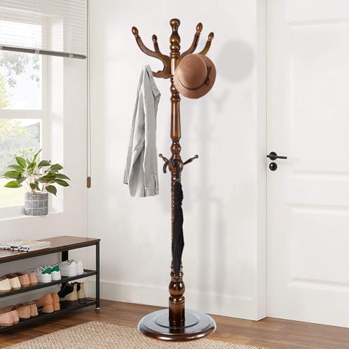 Wooden Coat Rack Freestanding, Vintage Circular | Vintage Coat Racks with Sturdy Round Base, Adjustable Height 37.40"-72.83" Entrance Coat Rack for Bedroom Living Room - color: Vintage Circular