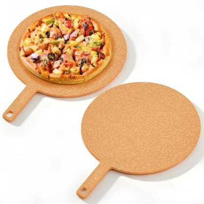 Lounsweer 2 Pcs 17" × 13" Round Pizza Board with Handle, Wood Fiber Pizza Peel, Non-slip Cutting & Serving Board, Heavy Duty Wooden Serving Tray for Baking, Charcuterie & Kitchen Use - size: 13 Inches