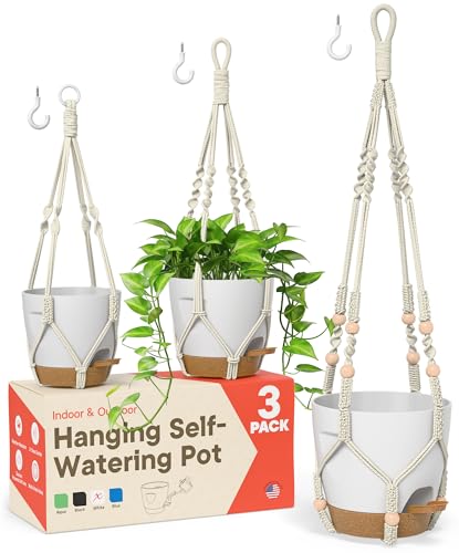 White Hanging Self Watering Pots with Macrame Ivory Rope, 3 Pack Indoor & Outdoor Hanging Plant Pots with Built-in Reservoir, Wick Rope, Drainage Holes & Hooks, Stylish Boho Decor Hanging Planter - color: White