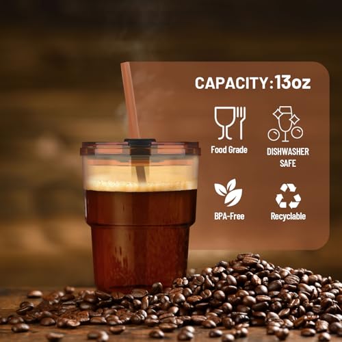 Luxfuel 13 oz Glass Cups with Lids and Straws Reusable Iced Coffee Tumbler | Leak-Proof Thick Wall Travel Glass Coffee Cup for Iced Tea, Water, Office, Cup Holder Friendly, BPA Free (Amber, 1 Pack) - color: Amber-1 Pack, size: 13 Ounces