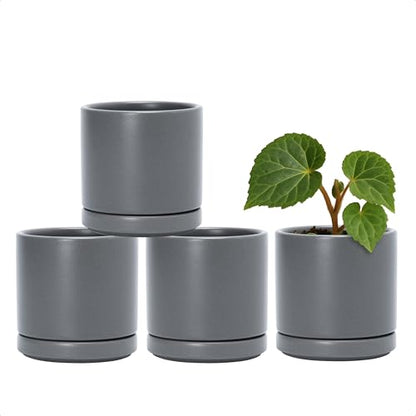 D'vine Dev 4-Pack Ceramic Pots with Saucers, Grey, 3.5 in, 94-X-A-3 | Glazed Ceramic, Drainage Hole and Saucer, Sleek Cylinder Shape, High Temperature Fired, Ideal for Small Houseplants - color: Gray, size: 3.5 Inch