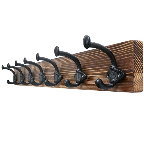 WEBI Rustic Coat Rack Wall Mount,30" Long 7 Cast Iron Coat Hooks Wall Mounted,Heavy Duty Farmhouse Wood Coat Hanger Wall Antique Vintage Hooks for Hanging Jacket,Clothes,Backpack,Brown - color: Brown, size: 30 Inch