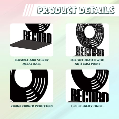 5.3"x4.3"x6.7" Metal Bookends, Heavy Duty Book Ends for Shelves | Vinyl Records Theme Cast Iron Book Supports, 1 Pair Decor Stoppers for Desk, Library, Office & Home Shelves - style: Vinyl Records