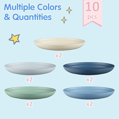 Quatish 10 PCS Reusable Plastic Plates,8 inch Dinner Plate,Plate set，Blue | Unbreakable,Dishwasher & Microwave Safe, Easy-to-Clean,Lightweight,Portable,for Camping Salad, Kitchen & Picnics,Wheat Straw - color: Blue