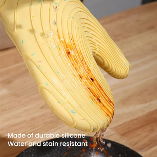 4 Pieces Oven Mitts and Pot Holders of Macaron Color Thickened Non-Slip Silicone Kitchen Gloves, Heat Resistant up to 500F, Essential for Kitchen Baking(makal-Huang) - color: Silicone-yellow