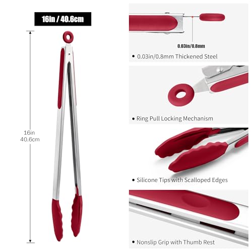 Doosu 600°F Heat Resistant Kitchen Food Tong for Cooking with Non-Scratch Silicone Tips (16in, Red) & 600°F Heat Resistant Spatula Set of 2 for Kitchen Cooking Baking Stirring (Red+Aqua Sky)