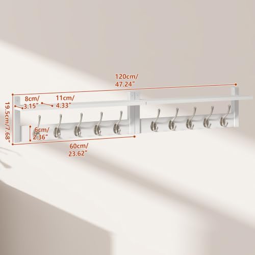 YMYNY 47.2" Coat Rack Wall Mount with Shelf and 10 Hooks, White UHWS004W-2 | 2 Pack Coat Hooks Wall Mount, Wood Wall Mounted Coat Rack with Hooks, Coat Hanger Wall Mount, Wall Hooks for Hanging - color: White