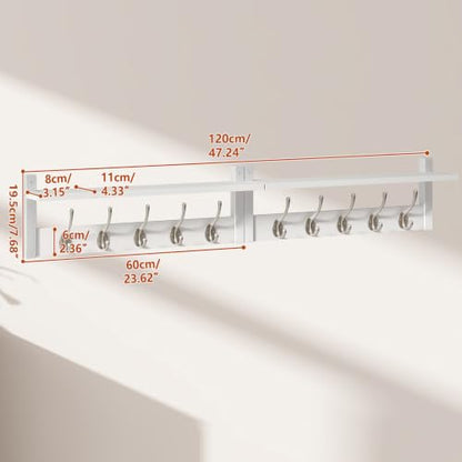 YMYNY 47.2" Coat Rack Wall Mount with Shelf and 10 Hooks, White UHWS004W-2 | 2 Pack Coat Hooks Wall Mount, Wood Wall Mounted Coat Rack with Hooks, Coat Hanger Wall Mount, Wall Hooks for Hanging - color: White