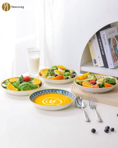 Yeacccng Bohemian Pasta Bowls Set of 8, 8 Inch 24 Oz Ceramic Salad Bowls, Shallow Wide Kitchen Bowls, Lead-Free Cadmium-Free, Dishwasher Microwave Oven Safe, Scratch-Resistant Boho Serving Bowls - size: 8 inch pasta bowl (Colorful*8)