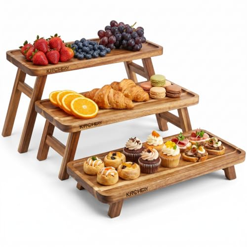 3 Tier Foldable Serving Tray, Acacia Wood Tiered Serving Stand for Parties, Lightweight Wooden Dessert Table Display Set for Charcuterie, Fruit, Cupcakes, Appetizers, Brown