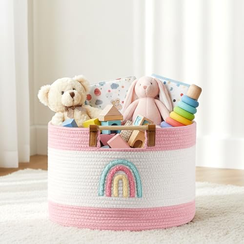 Toy Storage Bin Box for Kids Stuffed Animal Storage Basket for Blanket Baskets Living Room Cotton Rope Woven Baskets for Babies Toddlers Laundry Hamper for Nursery Play Room, Girls Gift Baskets Empty - color: Rainbow, size: Medium