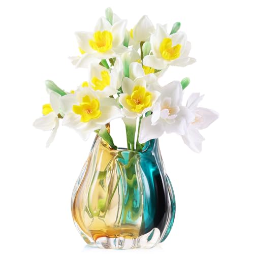 Hand Blown Glass Vase, Medium Wide Mouth Flower Vase Unique Modern Turquoise Glass Art Decor, Nonbreakable Vases for Table Centerpieces Living Room Decorative Amber and Teal Vase - size: Small