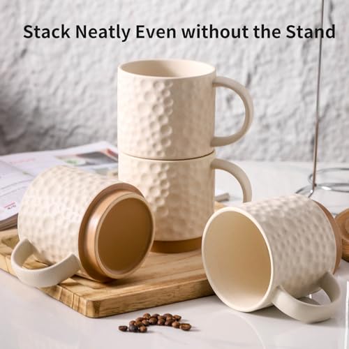 Nihow 16 OZ Ceramic Coffee Mug with Stackable Stand,Set of 4,White | Stackable, Stainless Stand Included, Cappuccino & Tea, Hot/Cold Drinks, Dishwasher & Microwave Safe - color: Matte White, size: 16 oz With Stand