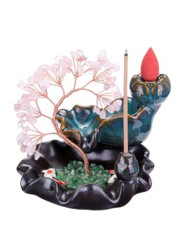 Jovivi Backflow Incense Burner Ceramic Incense Waterfall, Natural Rose Quartz Healing Crystal Money Tree Incense Holder for Wealth, Good Luck, Yoga Meditation, Home Decor - color: Rose Quartz