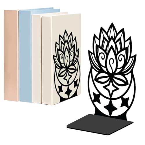 WADORN Lotus Moon Metal Decorative Bookend for Shelves 1 Pair, Heavy Duty Book Ends Unique Non-Skid Books Holder Stand Black Book Support Stoppers for Desk Bookshelf Office Home, 5.3x4.3x7.9 Inches - color: Lotus