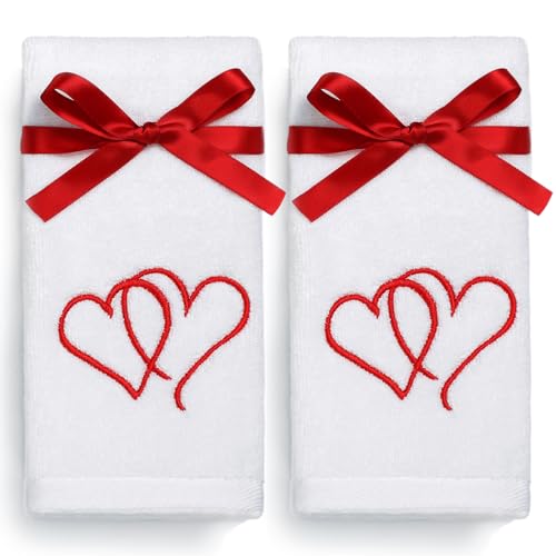 Valentines Day Hand Towels 100% Cotton Embroidered Red Heart Decorative Bathroom Kitchen Dish Towels Set Gift Set of 2 14x29 inch - color: Va.red Love