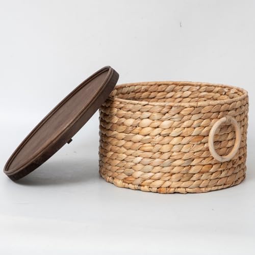 Water Hyacinth Storage Basket with Wood Lid - Handwoven Round Shelf Basket for Organizing, Rustic Woven Basket with Handle (Set of 3) for Living Room,bed room,Closet,Kitchen&Pantry