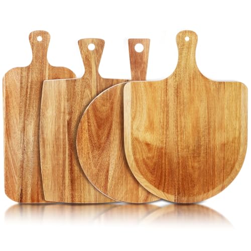 SiliFine Set of 4 Thick Acacia Wood Cutting Boards with Handles, Assorted Sizes Large Charcuterie Boards, Butcher Block Serving Tray for Cheese, Meat, Pizza, Vegetables, Bread (Medium) - style: Classic