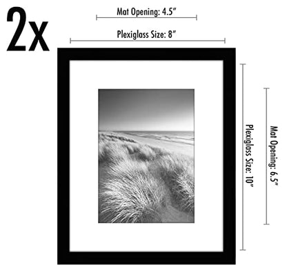 Americanflat 8x10 Picture Frame 2-Pack - Matted to 5x7 - Black | Slim Molding construction, Polished plexiglass front, wall or tabletop display with included easel, sawtooth hangers included - color: Black, size: 8X10