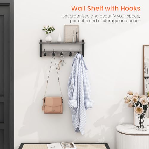 Wall Hooks with Shelf, Coat Rack Wall Mount, Entryway Shelf with Hooks for Clothes, Backpack, Key, Purse - Rustic Grey - color: Rustic Grey, size: 17.1 Inch Long