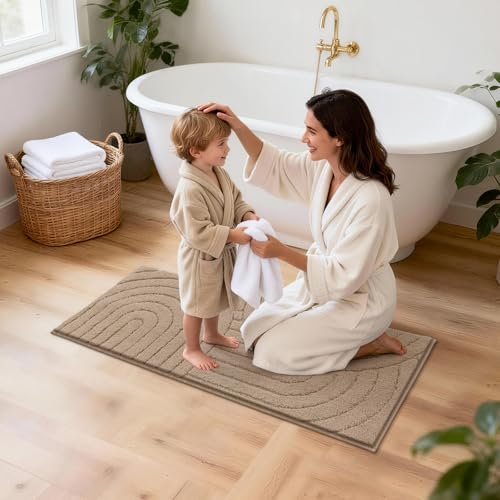 Pauwer Bathroom Rugs Sets 5 Piece, Absorbent Non Slip Bath Mat Set, Beige | Machine Washable, Microfiber Plush, Quick Dry Runner, U Shaped Contour Toilet Rugs, Shower Mats and Toilet Lid Cover - color: Beige