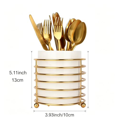Silverware Holder for Kitchen Countertop, Cutlery Flatware Caddy with Round Metal Bracket, Sturdy and Durable - color: White Gold, size: L