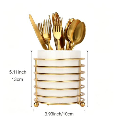 Silverware Holder for Kitchen Countertop, Cutlery Flatware Caddy with Round Metal Bracket, Sturdy and Durable - color: White Gold, size: L