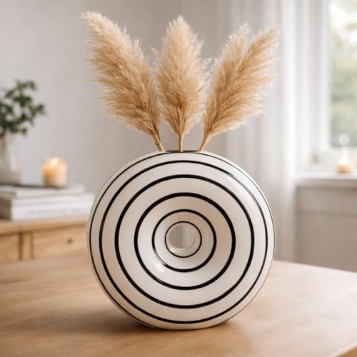 Ceramic Large Donut Vase Hand-Painted Glossy Finish, Unique Modern Home Accent, Flower Holder, Stylish Decor for Living Room, Coffee Table, Mid-Century Modern - size: Large