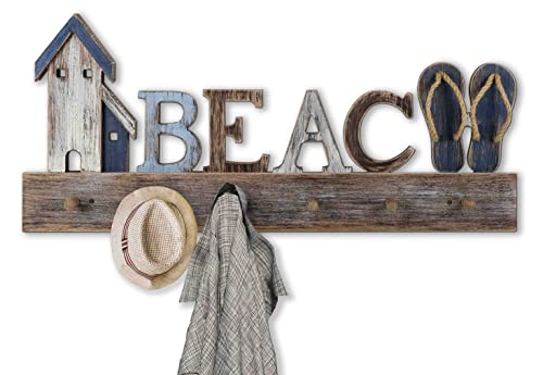 SAILINGSTORY Beach Sign Coat Rack Wall Mounted Coat Hanger Beach Decor | Coastal Beach Wall Decor - color: Nature