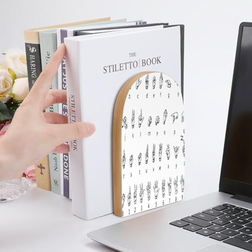 Sign Language AlphabetBookends Heavy Duty Bookends Desktop Organize Books Wooden Books End Non-Skid Book Holder Bookend for Shelves Book Dividers for Home Office Supplies