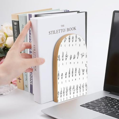 Sign Language AlphabetBookends Heavy Duty Bookends Desktop Organize Books Wooden Books End Non-Skid Book Holder Bookend for Shelves Book Dividers for Home Office Supplies