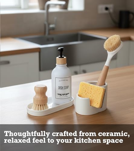 3 in 1 Ceramic Sponge&Brush Holder and Soap Tray Set, Leak-Proof Design to Keep Countertops Dry, Flexible Modular Placement, Modern Minimal Sink Organizer for Kitchen & Bathroom Countertop, White - size: L-Shape-Set