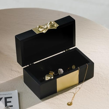 Wooden Keepsake Box - Black & Gold Boxes with Bow Accent, Decorative Storage Gift Box for Jewelry Love Letters Photos, 6.93" W