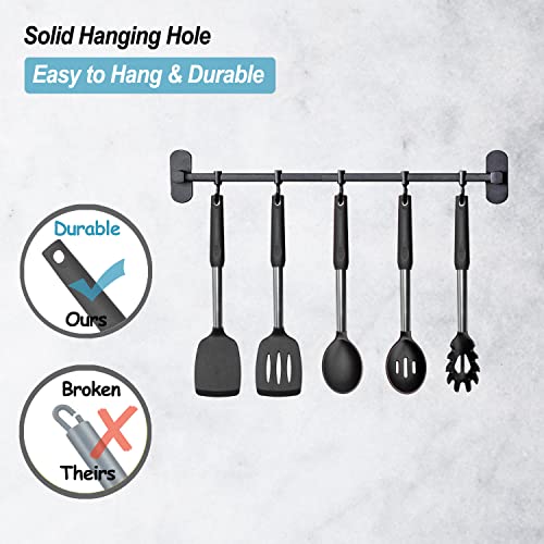 Silicone Spatula and Cooking Spoon,5 Pack Non-Stick Cooking Utensils for Kitchen，Heat Resistant Solid & Slotted Spoons and Spatulas, Stainless Steel Handle Coated with Silicone,Black - color: Black