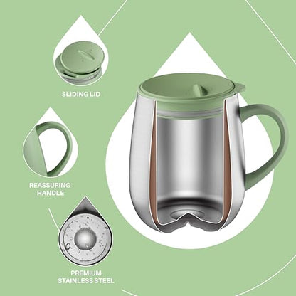 Ideus 16 oz Insulated Coffee Mug with Handle and Lid, Double Wall Stainless Steel Vacuum Thermal Coffee Mug, Travel Coffee Cup Thermal Cup for Home and Office (Avocado Green 2.0, FUJI DAWN) - color: Avocado Green 2.0