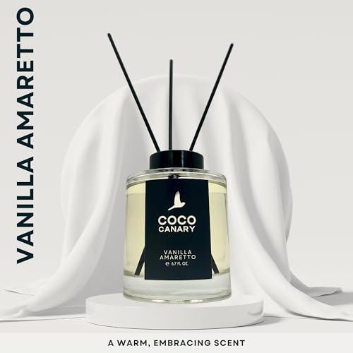 Coco Canary Reed Diffuser for Home, Warm Vanilla Amaretto, 6.7 oz | Vanilla reed diffuser; Long-lasting scent; Cozy home scent, Flameless luxury decor
