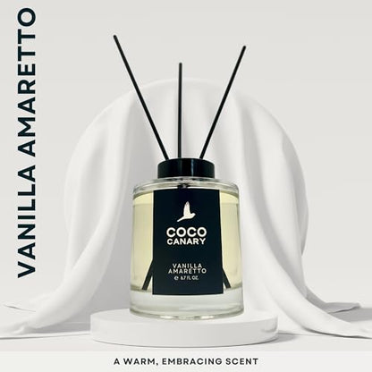 Coco Canary Reed Diffuser for Home, Warm Vanilla Amaretto, 6.7 oz | Vanilla reed diffuser; Long-lasting scent; Cozy home scent, Flameless luxury decor