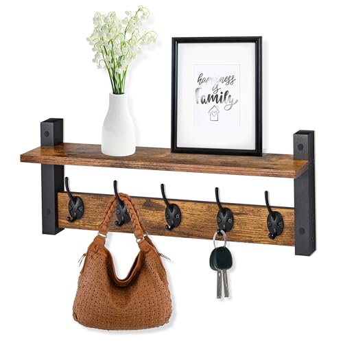 Sorbus Coat Hooks Wall Mount with Shelf – 24 Inch Coat Rack Wall Mount with 5 Heavy Duty Hooks – Floating Wall Shelf with Hooks for Entryway, Bathroom, Bedroom, Kitchen, or Mudroom (Rustic Brown) - color: Rustic Brown, size: 24 Inch