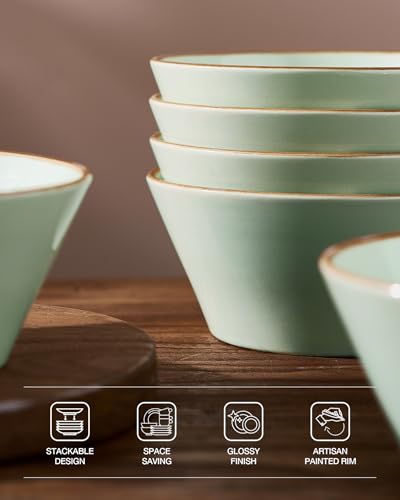 Famiware Saturn Dinnerware Sets, Ceramic Dishes for 4, Rimmed Plates, Bowls | Light Green, 12 pcs Microwave and Dishwasher Safe Stoneware, Chip & Scratch Resistant, Modern Rustic Tableware, Everyday Use - color: Light Green, size: 12
