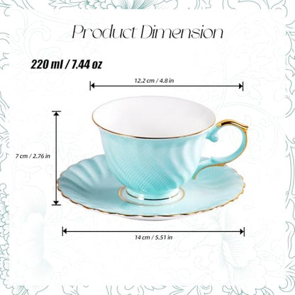 KAMMAK Tea Cups and Saucers Set of 2, Fine Bone China Coffee Cups, GH023 | Stackable Espresso Mugs, Ceramic Demitasse for Coffee, Cappuccino, Latte, Americano, Tea - size: 8KPGH023+24