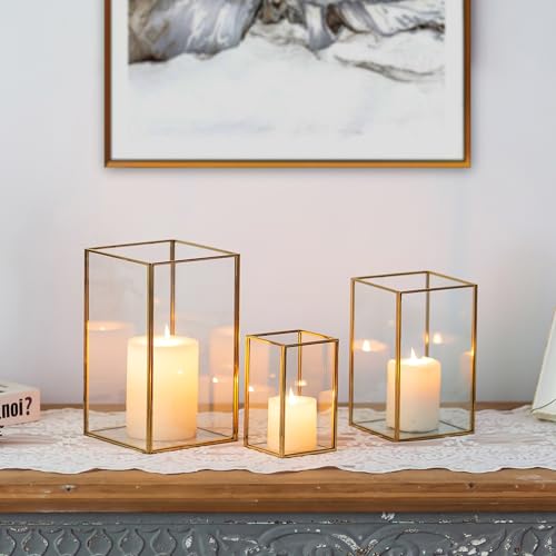 Glasseam Glass Hurricane Candle Holder: Set of 3 Gold Square Candle Holders for Pillar Candles Large for Table Centerpiece Wedding Christmas Decorative - color: Gold, size: Style 2