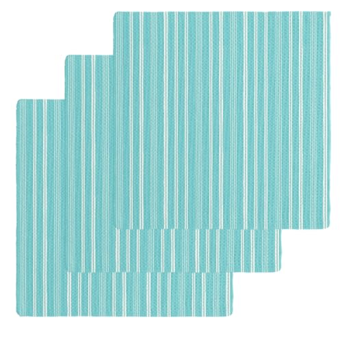 Teal Blue Striped Dish Towels Set, Waffle Weave Kitchen Towels 3 Pieces, Farmhouse Stripes Modern Vintage Microfiber Hair Face Bath Tea Towel Absorbent Quick Drying Cleaning Dish Cloths, 12"x12" - color: Aqua, Cyan, White, size: 3PCS,12"x12"
