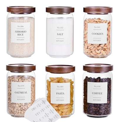 Tzerotone Glass Pantry Storage Jars with Acacia Airtight Lid, 25oz Clear Kitchen Canisters with Wood Lid, 6 Set with 132 Labels for Tea, Sugar, Spice, Herbs - color: 25OZ-6PCS