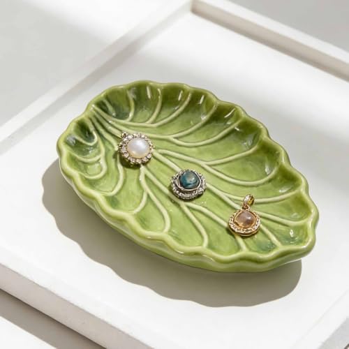 Nature Inspired Ceramic Jewelry Tray, 15 x 10 cm Green Catchall for Earrings Vanity Dresser Entryway Table Ac