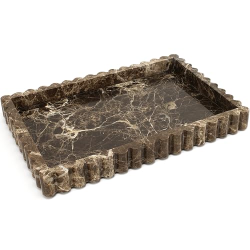 LIN CHUAN Marble Vanity Tray for Bathroom, 11.8 x 8 Inch, Brown | Natural Marble Trays, Fluted Edge Decorative Tray, Real Stone Serving Storage for Counter, Dresser, Coffee Table Home Decor - color: Dark Brown