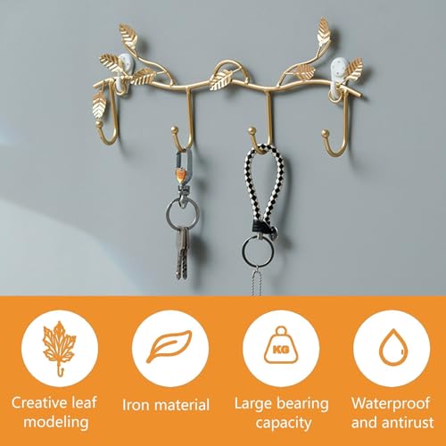 MOROBOR Gold Leaf Coat Rack Wall Mount Hooks, 2 Pack Iron Hooks with 4 Hooks Key Hangers for Wall Decor, No Drill Required