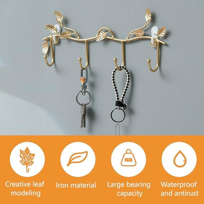 MOROBOR Gold Leaf Coat Rack Wall Mount Hooks, 2 Pack Iron Hooks with 4 Hooks Key Hangers for Wall Decor, No Drill Required