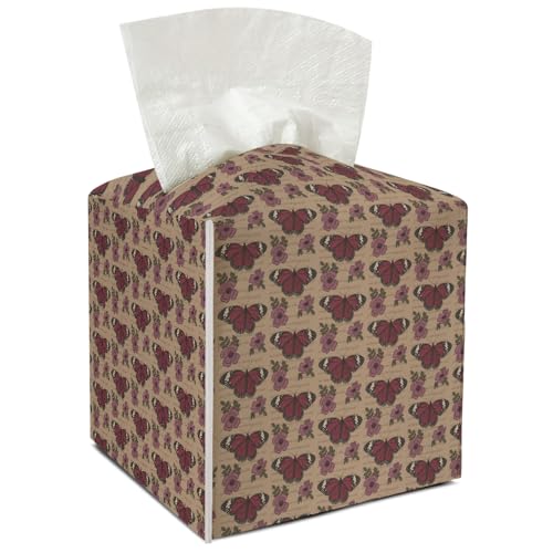 Butterfly Leather Tissue Holder with Bottom Belt Ideal for Women Housewarming Gift Vintage Tissue Box Cover Bathroom Car Nightstand Vanity Kitchen Decor Waterproof Napkin Organizer Dispenser - FS723 - color: Brown 04